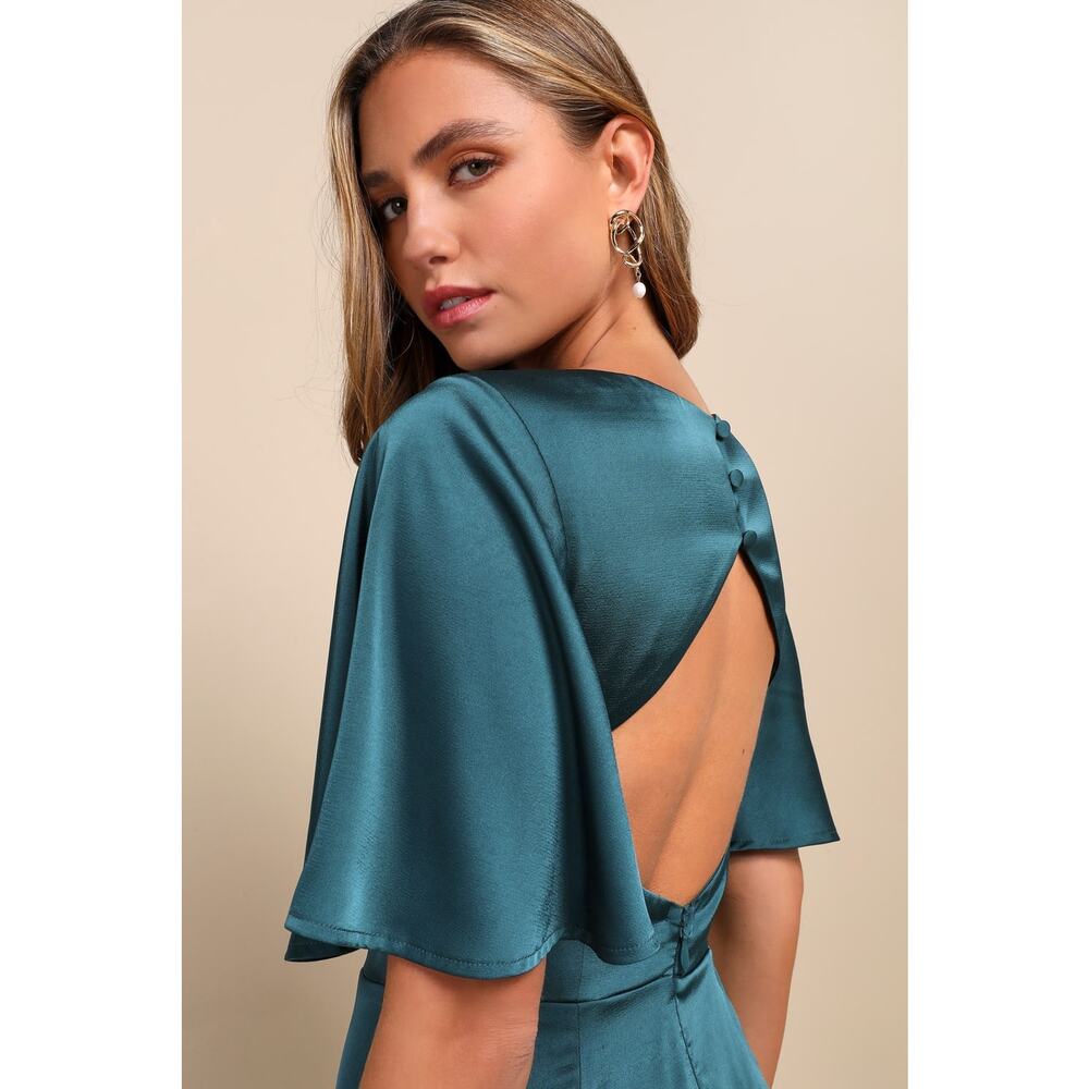 NWT Lulus Elegant Confidence Teal Satin Flutter Sleeve Cutout Maxi Dress Size XL - Picture 3 of 6